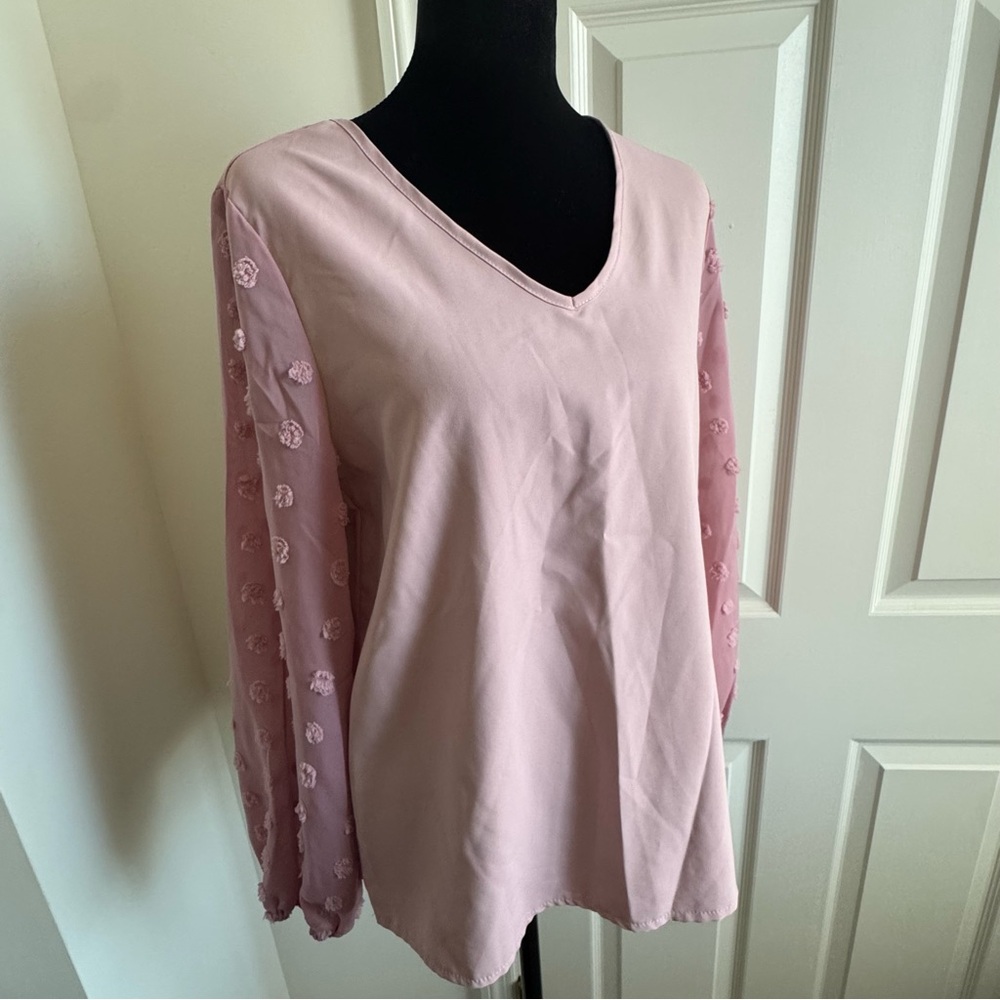 SHEIN Pink V-Neck Long Balloon Sleeve Embroidered Chiffon Women’s Blouse Size S